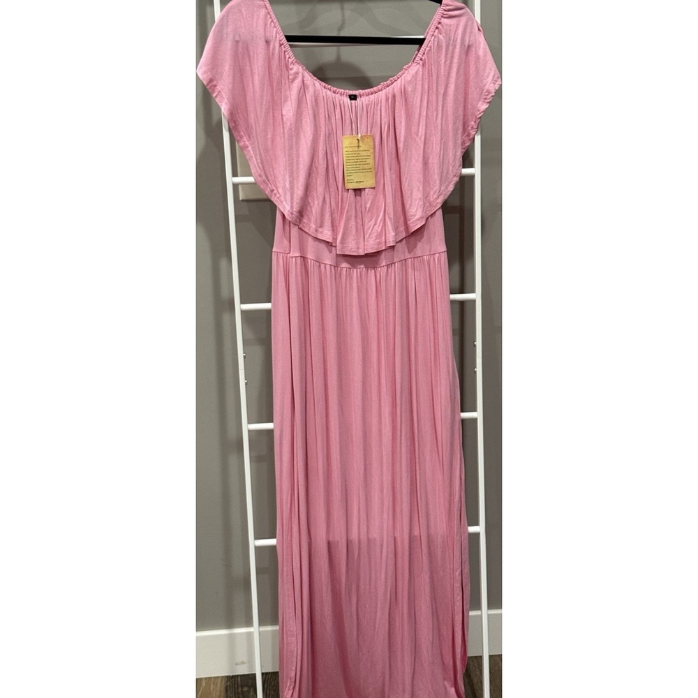 Women's Pink Solid Off Shoulder Ruffle Maxi Dress Boho Romantic  Feminine size L